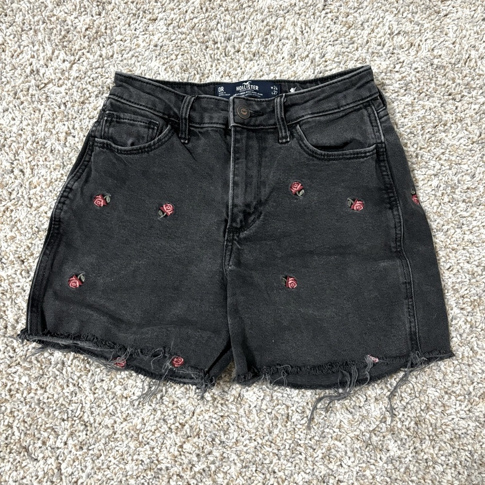 Hollister rose embroidered black jean shorts